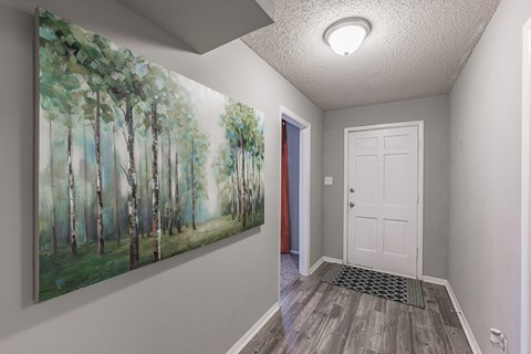 an empty hallway with a painting on the wall and a white door