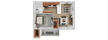 A modern apartment with a kitchen, living room, and bathroom.