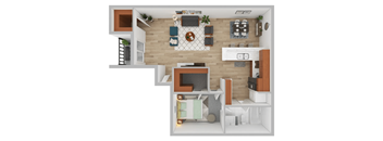 A top-down view of a modern apartment layout with a kitchen, living room, and dining area.