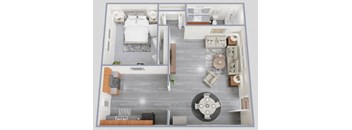 a 3d floor plan of a bedroom and a living room