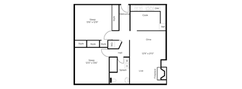 A floor plan of a house with a sleeping area, a hall, a dining area, a kitchen, a living room, and a fireplace.
