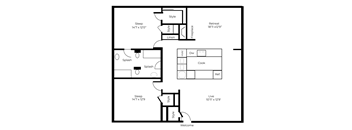 A black and white image of a house floor plan with rooms labeled.