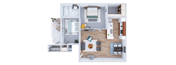 A top-down view of a small apartment with a kitchen, living room, and bedroom.