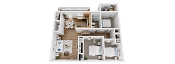 A top-down view of a modern apartment layout with a kitchen, living room, dining area, and bedrooms.