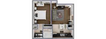 A top-down view of a small apartment with a bedroom and a living area.