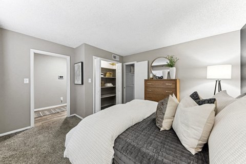 a bedroom with a bed and a closet