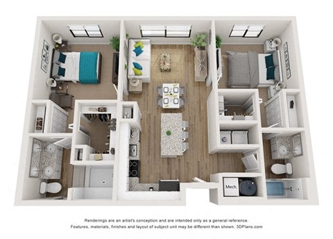 a 3 bedroom floor plan with a bathroom and a living room