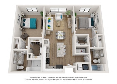 a 2 bedroom floor plan with a bathroom and a living room