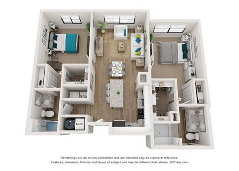 a 2 bedroom floor plan with a bathroom and a living room