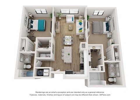 a 2 bedroom floor plan with a bathroom and a living room
