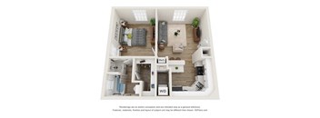 a stylized floor plan with a bedroom and a living room