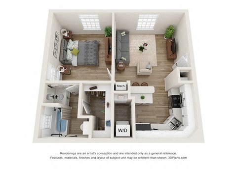 a stylized floor plan with a bedroom and a living room