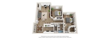 a stylized floor plan with a bedroom and a living room