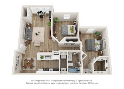a stylized floor plan with a bedroom and a living room