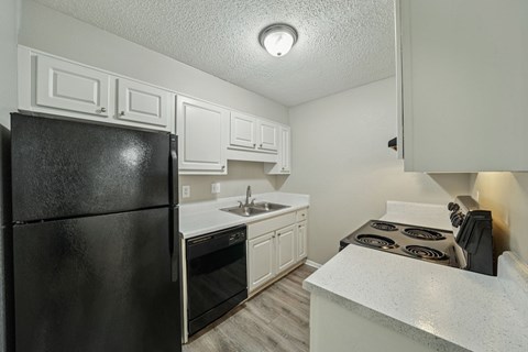 A black refrigerator sits in a kitchen with white cabinets and a white countertop.