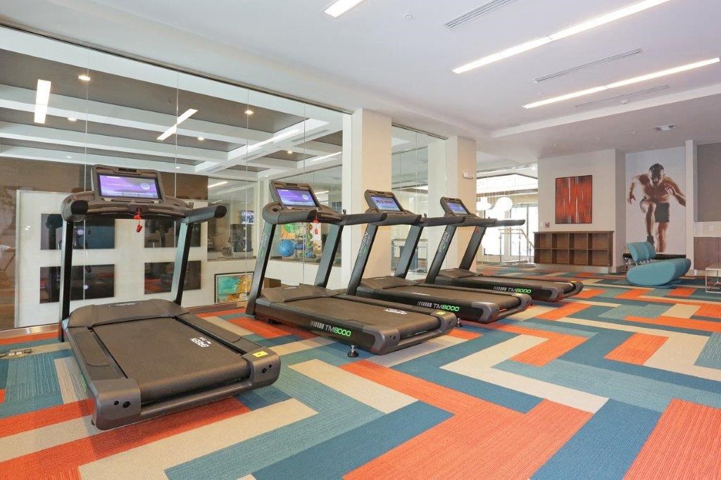 a gym with treadmills on the floor