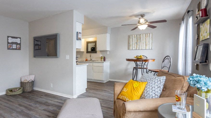 a living room with a couch and a ceiling fan