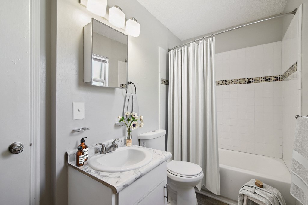 a bathroom with a sink toilet and shower