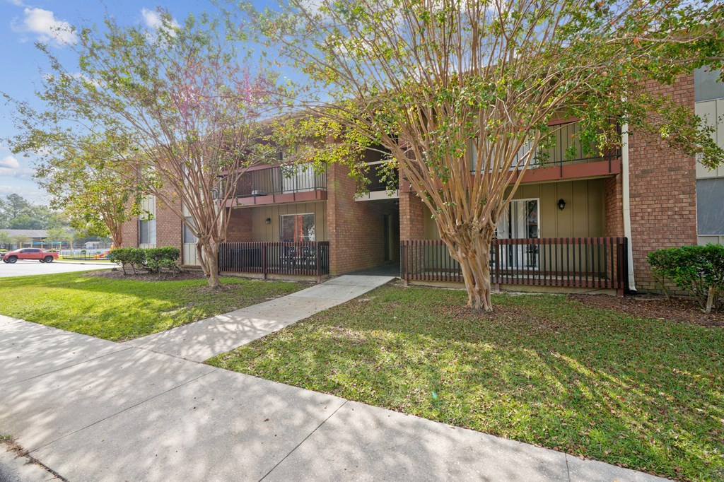 a reflection of a building in the grass