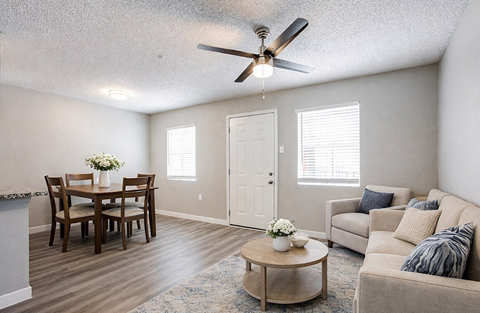 A living room with a dining table and a couch.