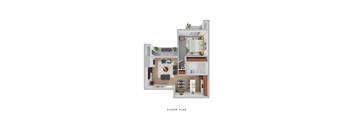 A floor plan of a house with a kitchen, living room, and bathroom.