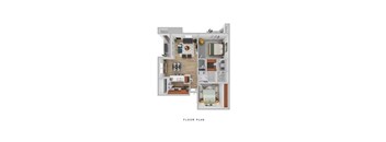 A floor plan of a small apartment with a kitchen, living room, and bedrooms.