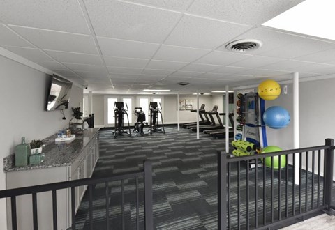 A gym with exercise equipment and a balcony.