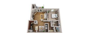 A 3D rendered image of a house layout.
