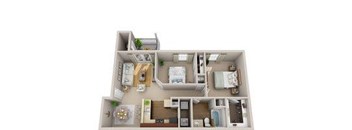 A 3D floor plan of a house with a kitchen, living room, and two bedrooms.