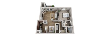 A 3D rendered image of a house layout.