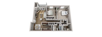 A detailed 3D floor plan of a house layout.