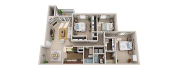A 3D floor plan of a house with a kitchen, living room, and bedrooms.