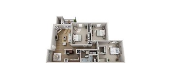 A floor plan of a two-story residential building with a kitchen, living room, bedrooms, and bathrooms.