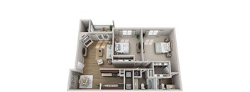 A 3D floor plan of a house with two bedrooms, a living room, a kitchen, and a bathroom.