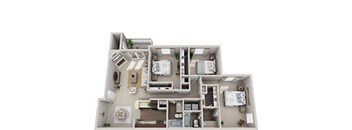 A 3D floor plan of a house with a kitchen, living room, and two bedrooms.