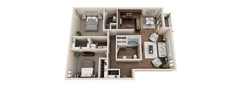 A 3D floor plan of a small apartment with a kitchen, living room, and bedroom.