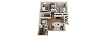 A 3D floor plan of a small apartment with two bedrooms and a living room.