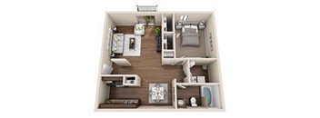 A small apartment layout with a kitchen, living room, and bedroom.
