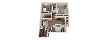 A floor plan of a two-bedroom apartment with a living room, kitchen, and bathroom.