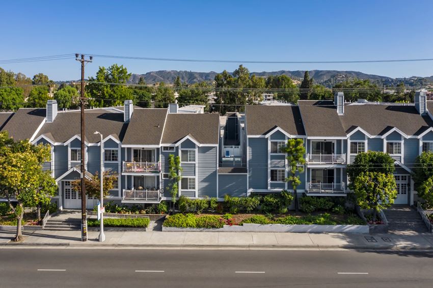 Apartments in Encino, CA - Elevated, Across the Steet View of Community with Mountains in Background
