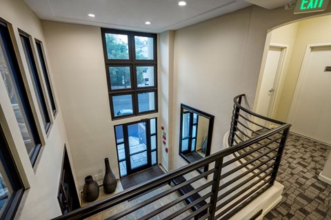 Apartments in Hollywood, CA -  Upstairs View of Building Main Entrance and Lobby Area summit.