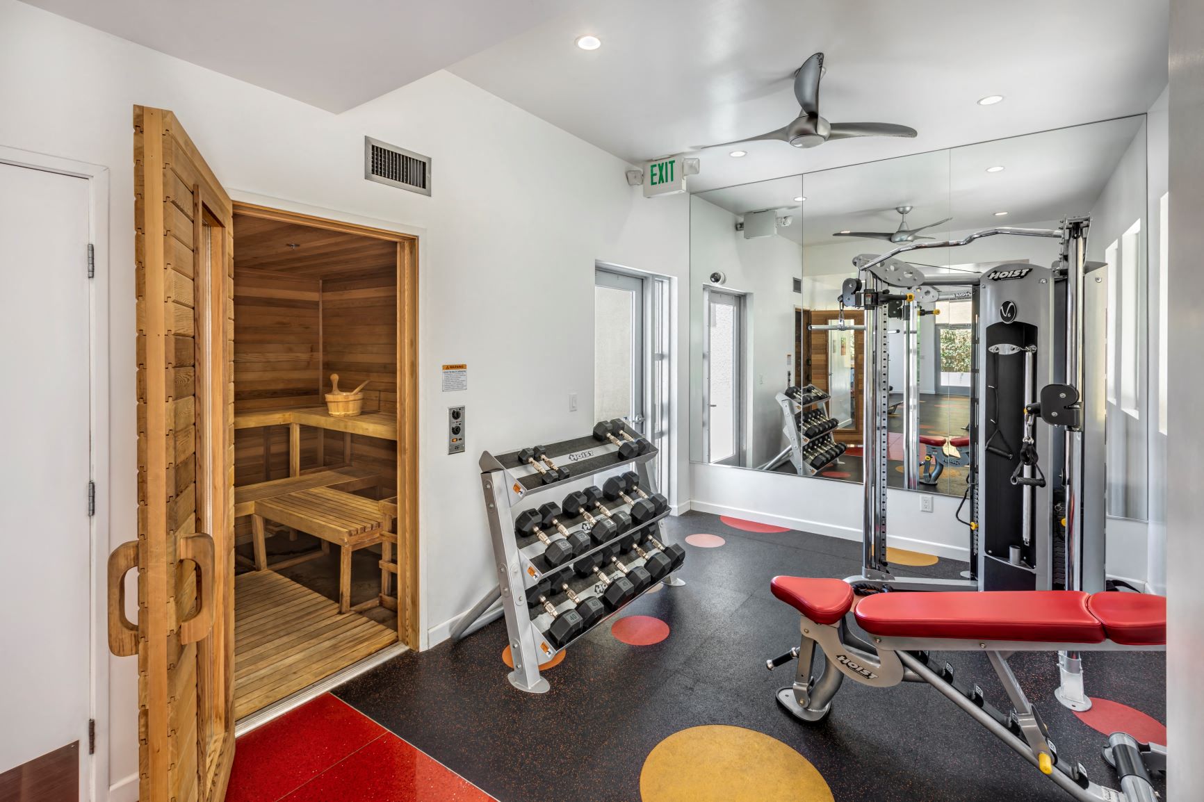 Apartments in Hollywood, CA - Fitness Center with Equipment and View of Sauna Sutton