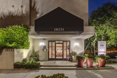 Apartments in Toluca Lake Night Time Exterior Close Up View of Apartment Community Main Entrance  Sign.