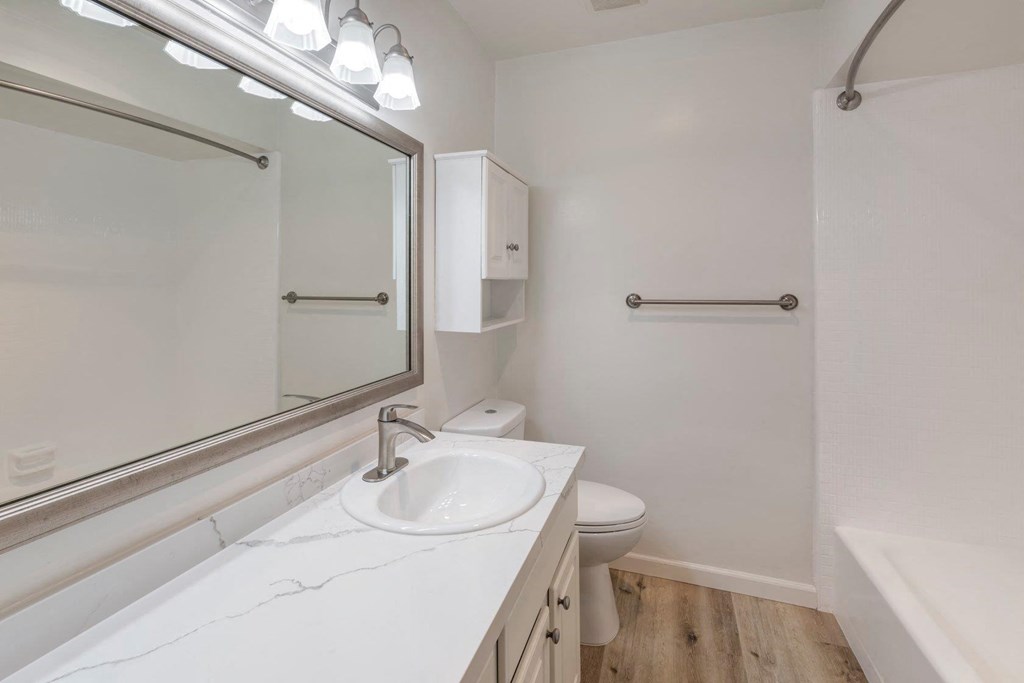 Apartments in West Los Angeles, CA Del Rio bathroom with storage and curved shower rod