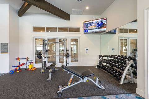 a gym with weights and cardio equipment and a tv