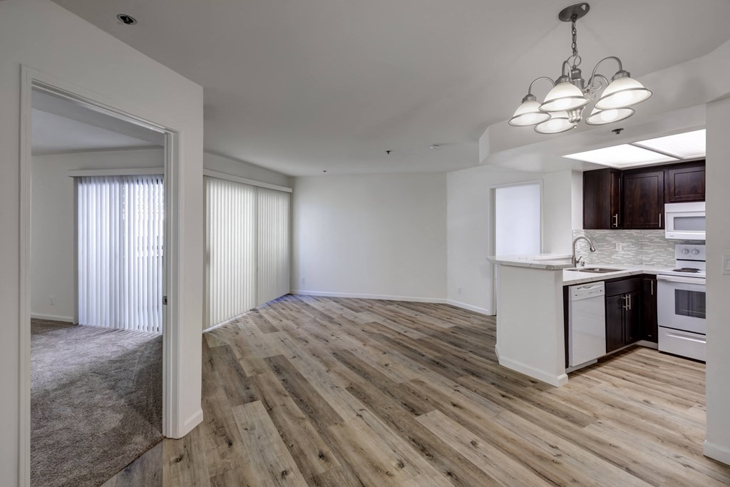 One Bedroom Apartments in Sherman Oaks, CA - Dining Room, Living Room, Kitchen and View of Bedroom.