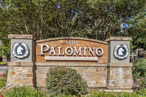 A sign for Palomino Apartment Homes is shown in front of a tree.