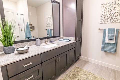 a bathroom with a large mirror and black cabinets