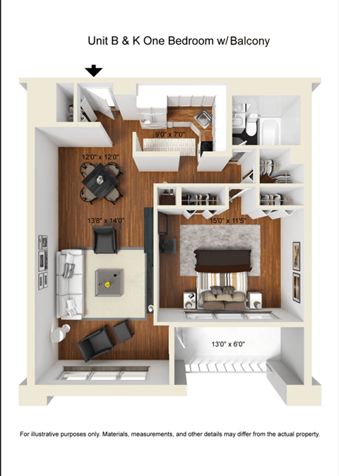 1 Bedroom 1 Bathroom-B/K Line Floor Plan at The Ivanhoe Apartments, Hackensack, NJ, 07601