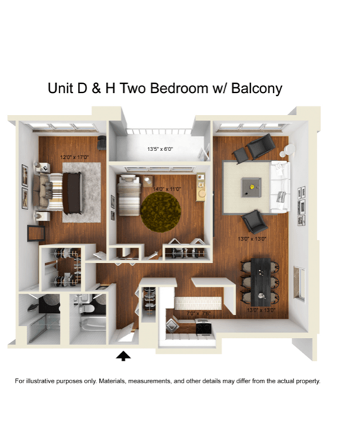 2 Bedroom 1 Bathroom-D/H Line Floor Plan at The Ivanhoe Apartments, Hackensack, NJ